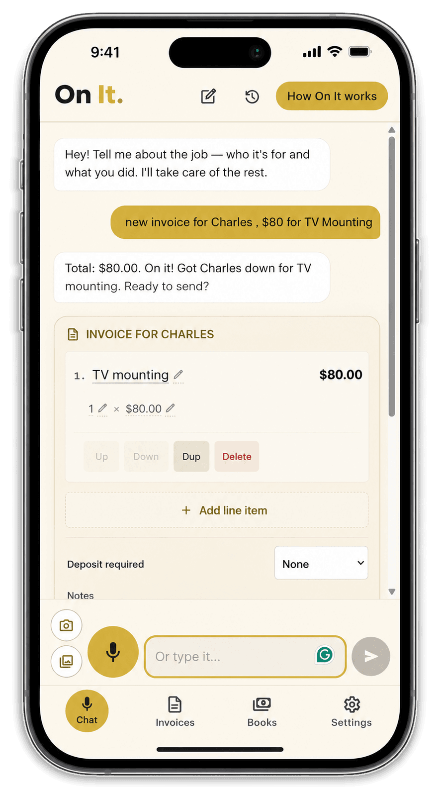 On It chat screen turning a spoken job into an invoice