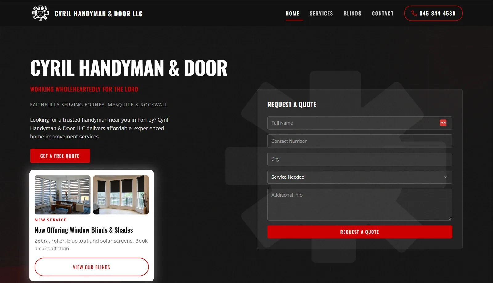 Cyril Handyman & Door homepage with hero headline and quote request form