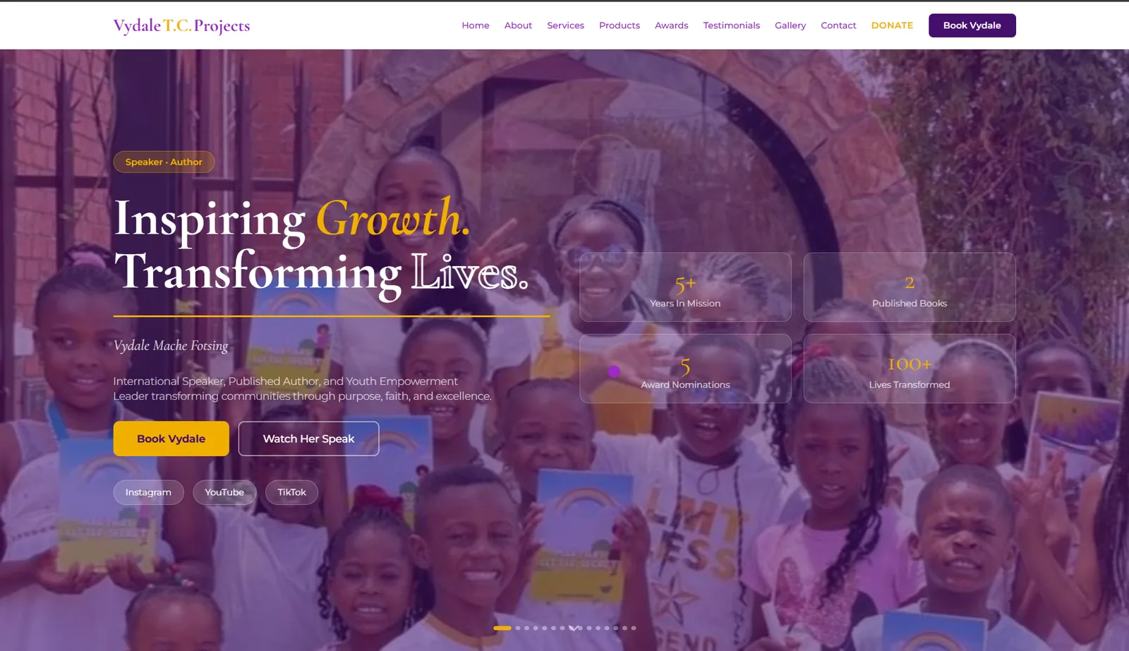 Vydale T.C. Projects homepage hero introducing Vydale as a speaker and author, with impact stats