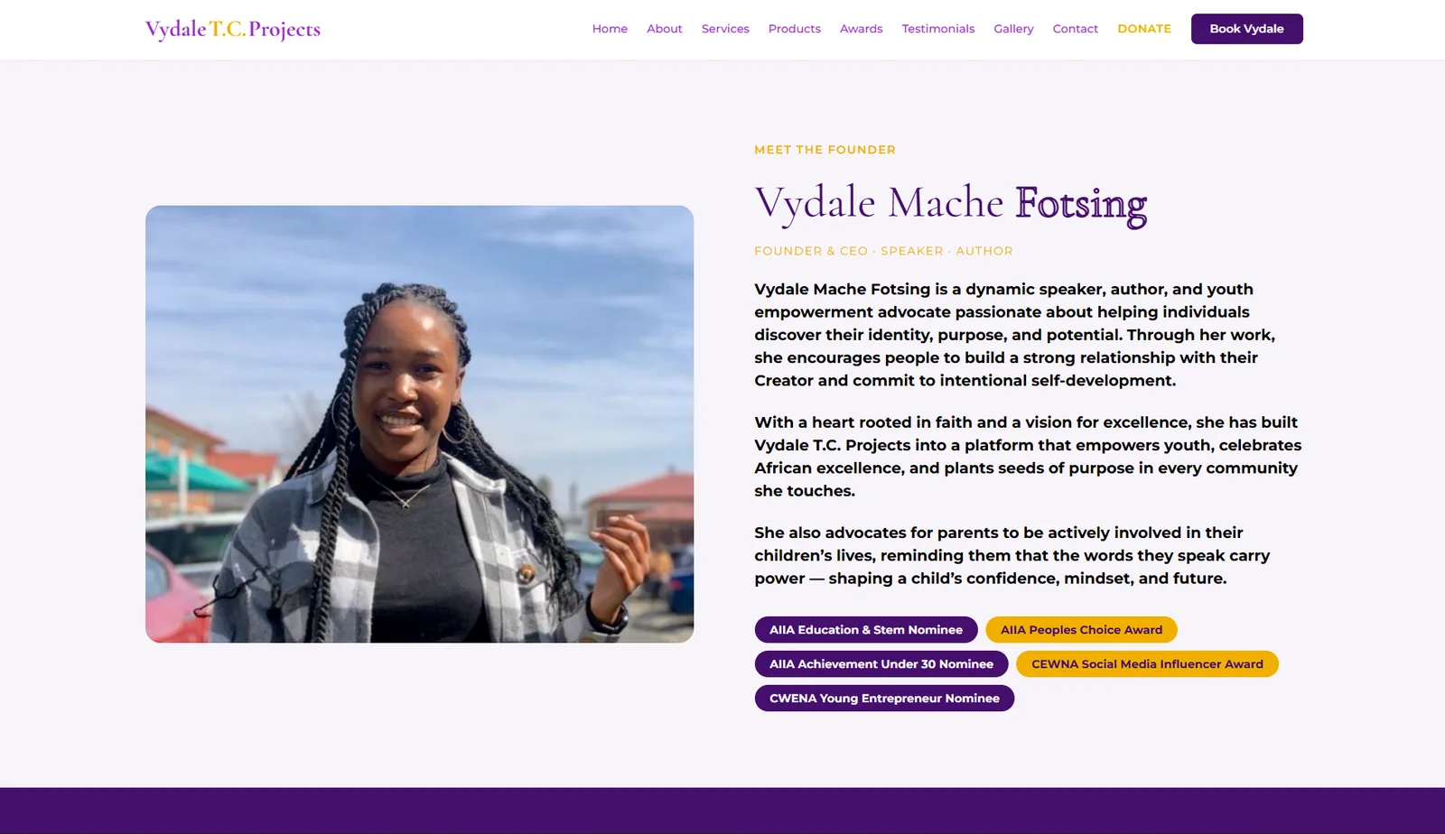 Vydale T.C. Projects founder section introducing Vydale Mache Fotsing and her award nominations