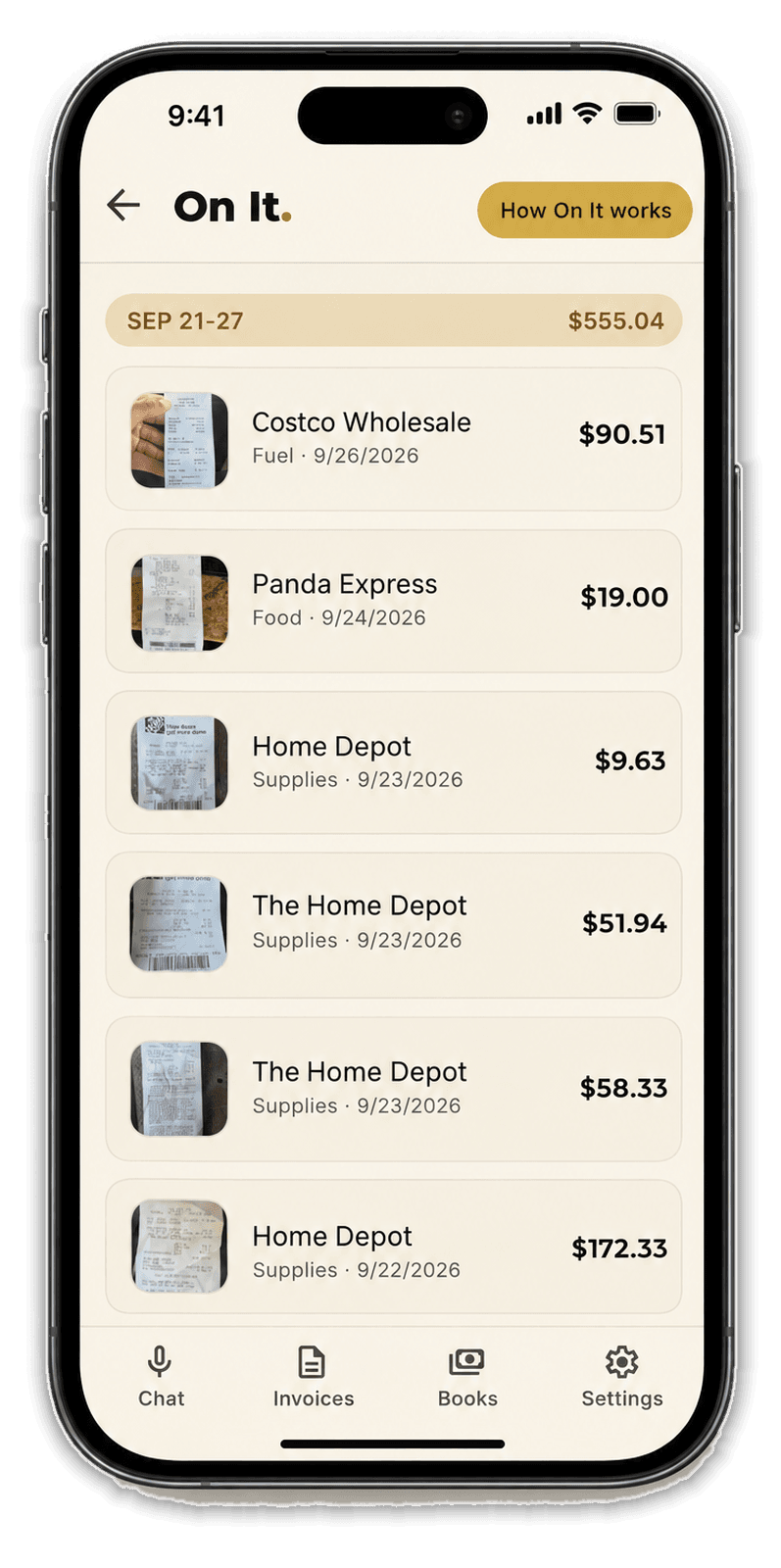 On It expenses logged from receipt photos
