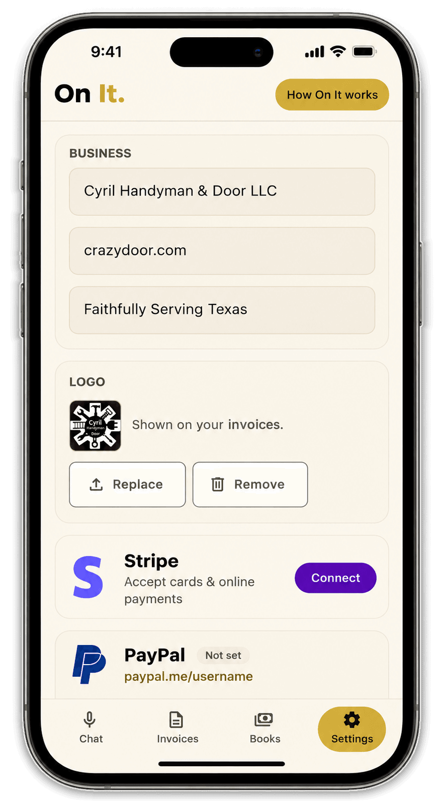 On It business settings and payment connections